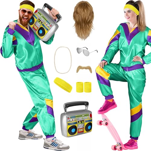 Balinco 80er Jahre Outfit Damen/Herren, Trainingsanzug Karneval Kostüm Set, Vokuhila Perücke, Bart, Kette, Pilotenbrille, Schweißbänder, Ghettoblaster (Mint I Lila I Gelb, L) von Balinco