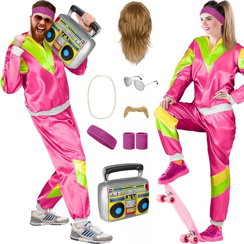 Balinco 80er Jahre Outfit Damen/Herren, Trainingsanzug Karneval Kostüm Set, Vokuhila Perücke, Bart, Kette, Pilotenbrille, Schweißbänder, Ghettoblaster (Pink I Grün I Gelb, L) von Balinco