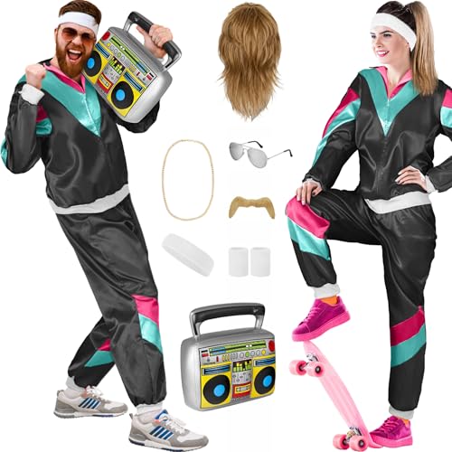 Balinco 80er Jahre Outfit Damen/Herren, Trainingsanzug Karneval Kostüm Set, Vokuhila Perücke, Bart, Kette, Pilotenbrille, Schweißbänder, Ghettoblaster (Schwarz I Petrol I Pink, M) von Balinco