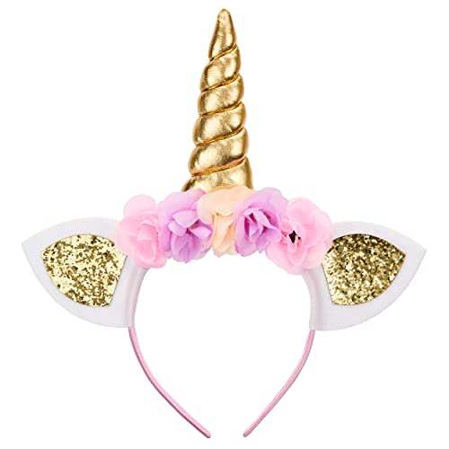 Balinco Einhorn Haarreifen, Gold Headband Haarreif mit Ohren, Haarband mit Blumen für Halloween, JGA, Karneval, Fasching, Pride, Festivals von Balinco