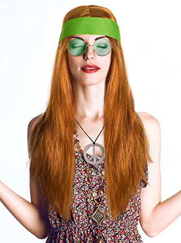 Balinco Hippie Set mit Perücke + runde Sonnenbrille + Peace Anhänger + grünes Kopfband für Herren & Damen 70er Jahre Fasching Karneval von Balinco