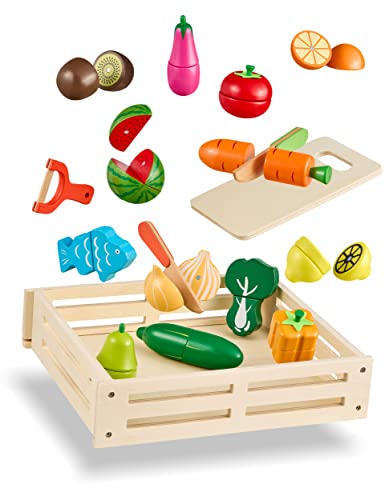 Balinco KINDERKÜCHE ZUBEHÖR, Lebensmittelkiste Set mit Obst & Gemüse zum Schneiden mit Brett, Messer & Schäler, Holzspielzeug für Jungen & Mädchen, Magnetisch von Balinco