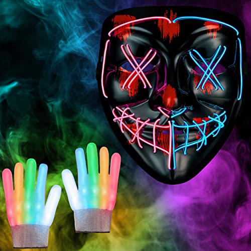 Balinco LED Maske 2-farbig Rot/Blau + LED Handschuhe - perfekt für Techno DJ | Halloween | Cosplay | Karneval | Gruselmaske | Neon Maske | als Ergänzung zum Horror Kostüm von Balinco