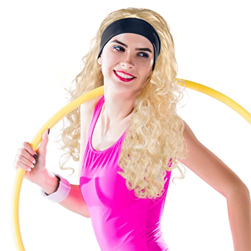 Lockige Aerobic Langhaar Perücke blond mit integrierten schwarzem Stirnband | Curly Wig | Haarschmuck | 80er Jahre Toupet | Headwear | Karneval Fasching Halloween Party von Balinco