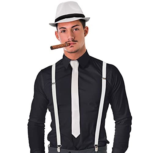 Balinco MAFIA KOSTÜM SET, 20er Jahre Accessoires, Karneval Outfit Herren, Weiß, Zigarre, Zylinder Hut, Krawatte, Hosenträger, Fasching, Fastnacht, Party, Silvester Outfit von Balinco