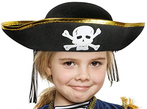 Balinco Piratenhut schwarz mit goldenem Rand und Totenkopf für Kinder - Kostüm Accessoire für Mädchen & Jungen zum Fasching/Karneval von Balinco