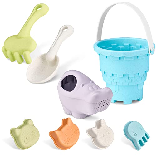 Balinco Sandkasten Spielzeug Bio, Strandspielzeug Kinder/Baby, Sandspielzeug-Set 8-teilig: Sandburg-Eimer, Gießkanne, Harke/Rechen, 4X Tier-Sandformen, Robust und langlebig, Bio Plastik von Balinco