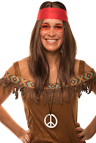 Balinco Hippie Set mit Perücke + runde Sonnenbrille + Peace Anhänger + rotes Kopfband für Damen & Herren 70er Jahre Fasching Karneval von Balinco