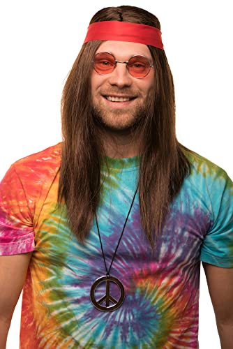 Balinco Hippie Set mit Perücke + runde Sonnenbrille + Peace Anhänger + rotes Kopfband für Herren & Damen 70er Jahre Fasching Karneval von Balinco