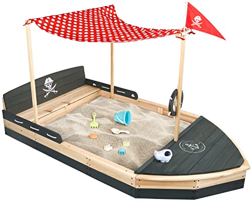 Piratenschiff Sandkasten aus Holz | Boot | Segelschiff | Sandkiste | Sandbox mit rotem Sonnensegel & Flagge, Abdeckung, Vlies Bodenplane, Kordel, Flaggenmast & Steuerrad für Kinder Anthrazit/Grau von Balinco