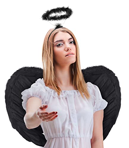 Balinco Set mit Engelsflügel + Engel Haarreif | Engelflügel | Haarreifen | Engel Flügel | Amor | Federflügel | Christkind als Accessoire für Damen Kostüm Halloween | Karneval | Mottoparty (Schwarz) von Balinco