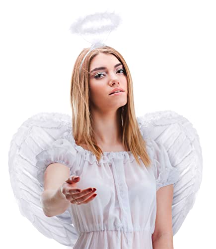 Set mit Engelsflügel + Engel Haarreif | Engelflügel | Haarreifen | Engel Flügel | Amor | Federflügel | Christkind als Accessoire für Damen Kostüm Halloween | Karneval | Mottoparty (Weiß) von Balinco