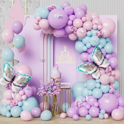 103 Stück Pastell Ballons Girlanden Set Pastell Lila Pastell Rosa Hellblau Luftballons Bogen Set mit Schmetterlings Folien Ballons für Mädchen Geburtstage Jahrestage Hochzeit Dekorationen von Balloon Dance