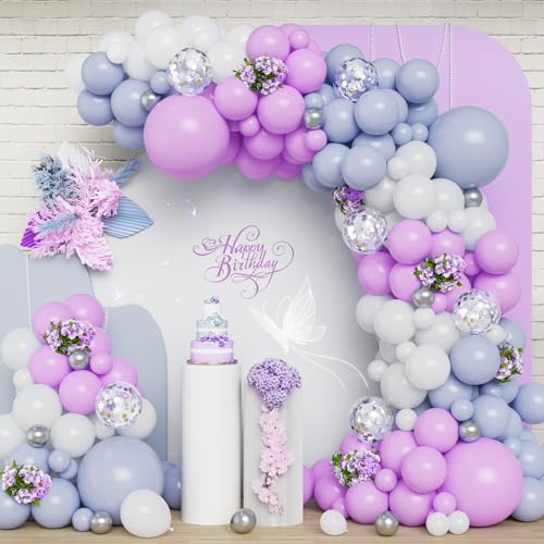 122 Stück Grau-blau Lila Ballon Girlanden Set, Macaron Lila Weiß Silber Ballon Bogen Set mit Silbernen Konfetti Ballons für Geburtstags Party Dekorationen Babyparty Hochzeit Partyzubehör von Balloon Dance