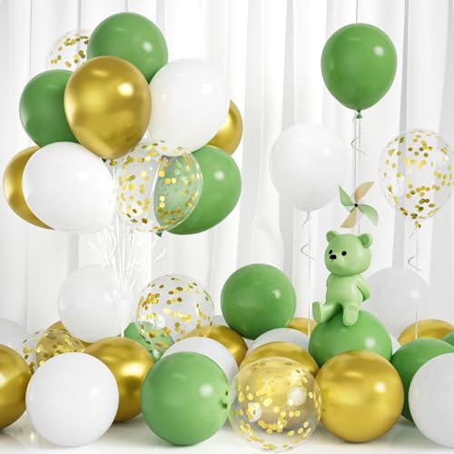 Luftballons Grün Weiß, 30 Stück Ballons Retro Grün Weiss Party Luftballon mit Gold Konfetti Mädchen Frauen Geburtstag Babyparty Taufe Geschlecht Offenbaren Jubiläum Dschungel Safari Hochzeit Deko von Balloon Dance