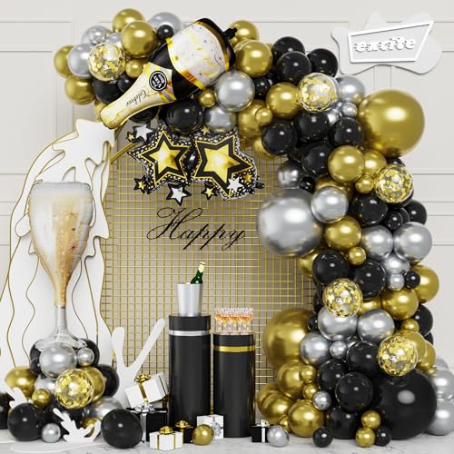 Schwarz Gold Silber Luftballons, 112 Stück Schwarz Gold Ballon Bogen Set Geburtstags Dekoration für Jungen Männer Party Ballons mit Flaschen Folienballons zum Geburtstag Abschluss Jahrestag von Balloon Dance