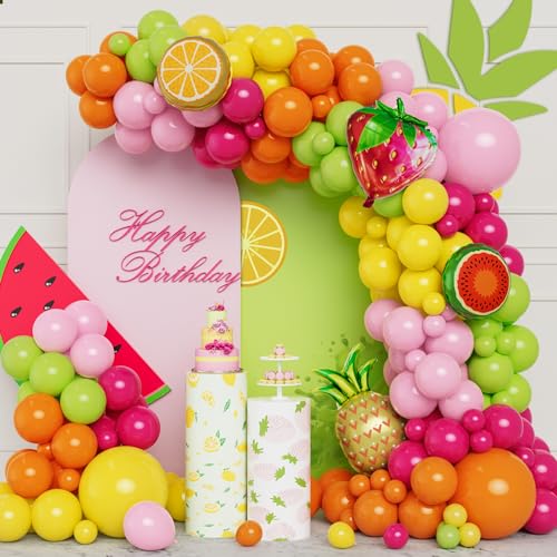 Tropisches Obst Ballon Bogen Set, 123 Stück Rosenrot Gelb Orange Ballons Girlanden Set Rosa Grüne Luftballons mit Früchte Folienballons für Sommer Party Geburtstag Babyparty Gartenparty Dekorationen von Balloon Dance