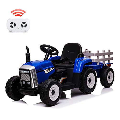 12V Kinder batteriebetriebener Elektro-Traktor mit Anhänger, Kleinkind-Auto mit Fernbedienung/ 7-LED-Scheinwerfer/ 2+1 Gangschaltung/ MP3-Player/USB-Anschluss für Kinder von 3-6 Jahren,Blau von Baloveby