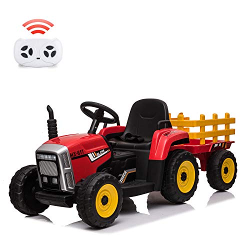 12V Kinder batteriebetriebener Elektro-Traktor mit Anhänger, Kleinkind-Auto mit Fernbedienung/ 7-LED-Scheinwerfer/ 2+1 Gangschaltung/ MP3-Player/USB-Anschluss für Kinder von 3-6 Jahren,Rot von Baloveby