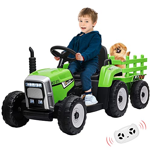 12V Kinder batteriebetriebener Elektro-Traktor mit Anhänger, Kleinkind-Auto mit Fernbedienung/ 7-LED-Scheinwerfer/ 2+1 Gangschaltung/ MP3-Player/USB-Anschluss für Kinder von 3-6 Jahren,grün von Baloveby