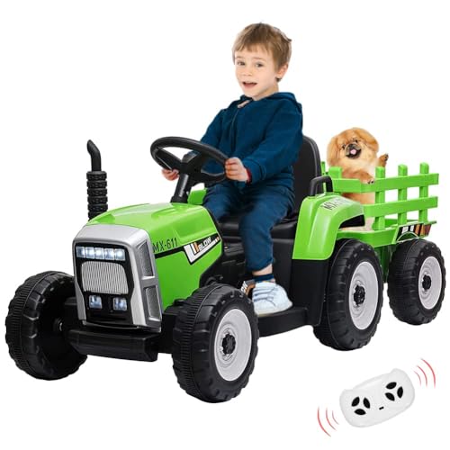 12V Kindertraktor, Kinder-Elektrofahrzeug mit Anhänger, mit Fernbedienung/7 LED-Scheinwerfer/2+1 Variable Geschwindigkeit/MP3-Player/USB-Schnittstelle, geeignet für Kinder von 3-6 Jahren-Grün von Baloveby