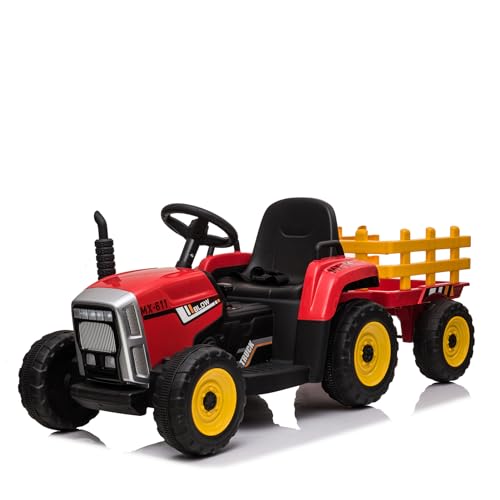 12V Kindertraktor, Kinder-Elektrofahrzeug mit Anhänger, mit Fernbedienung/7 LED-Scheinwerfer/2+1 Variable Geschwindigkeit/MP3-Player/USB-Schnittstelle, geeignet für Kinder von 3-6 Jahren-Rot von Baloveby