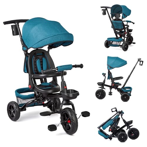 Baby Dreirad 6 In 1 Kinderdreirad Mit Schubstange, Kinderdreirad für 9 Monate Bis 5 Jahre Mit Umkehrbarem Sitz, Ausklappbarem Verdeck Mit Sonnenschutz, Kinderwagen Faltbar, Babyfahrrad (Grün) von Baloveby