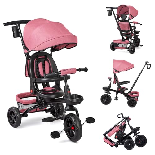 Baby Dreirad 6 In 1 Kinderdreirad Mit Schubstange, Kinderdreirad für 9 Monate Bis 5 Jahre Mit Umkehrbarem Sitz, Ausklappbarem Verdeck Mit Sonnenschutz, Kinderwagen Faltbar, Babyfahrrad (Rosa) von Baloveby