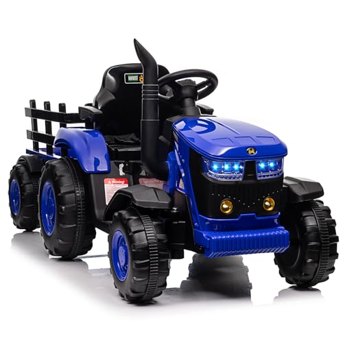 Elektrischer Traktor für Kinder 12 V mit Anhänger Abnehmbar, Doppelmotor 35 W, Elektroauto mit 6 Reifen für Kleinkinder mit Fernbedienung, Musik, 3 Geschwindigkeiten, Scheinwerfer mit 7 LED von Baloveby