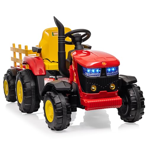 Elektrischer Traktor für Kinder 12 V mit Anhänger Abnehmbar, Doppelmotor 35 W, Elektroauto mit 6 Reifen für Kleinkinder mit Fernbedienung, Musik, 3 Geschwindigkeiten, Scheinwerfer mit 7 LED von Baloveby