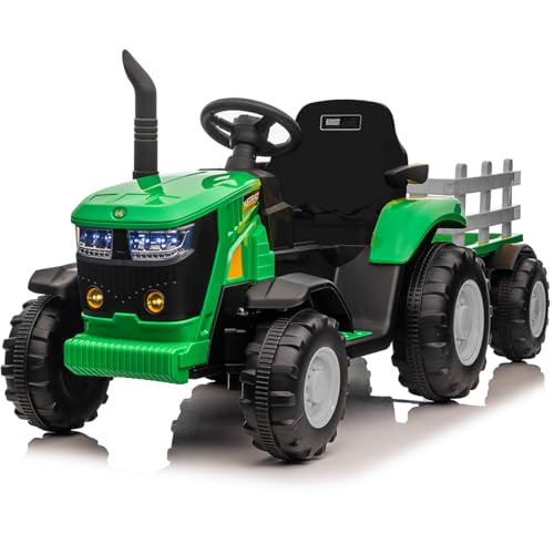 Elektrischer Traktor für Kinder 12 V mit Anhänger Abnehmbar, Doppelmotor 35 W, Elektroauto mit 6 Reifen für Kleinkinder mit Fernbedienung, Musik, 3 Geschwindigkeiten, Scheinwerfer mit 7 LED von Baloveby