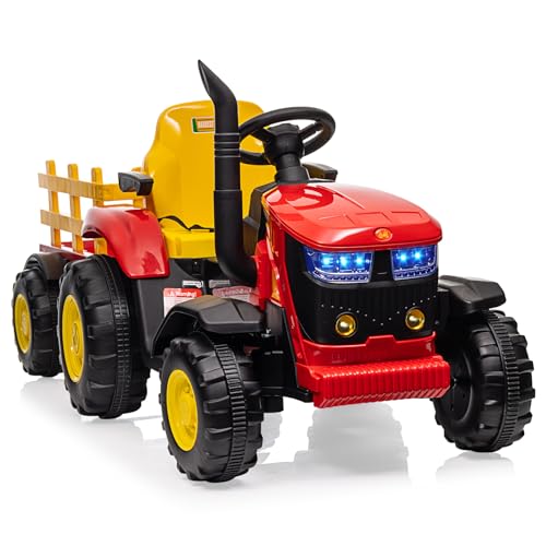 Elektrischer Traktor für Kinder mit abnehmbarem Anhänger, Doppelmotor, 35 W, 12 V, 6 Reifen für Kleinkinder, mit Fernbedienung, Musik, 3 Geschwindigkeiten, Scheinwerfer mit 7 LEDs, Hupe von Baloveby