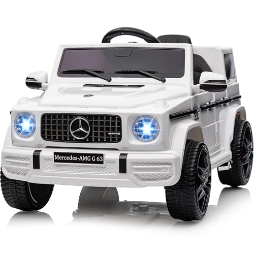 Kinder Elektroauto Lizenziert Mercedes Benz G63 AMG, 12V Elektrofahrzeuge für Kinder Mit 2,4G-Fernbedienung, Sicherheitsverriegelung, LED, Bluetooth Und Musik, Elektroauto Kinder Ab 3 Jahre, Weiß von Baloveby