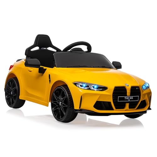 Kinder Elektroauto lizenziert BMW M4 mit 2,4G-Fernbedienung, 12V Elektrofahrzeug für Kinder Geschwindigkeit 3 ​​km/h, Hupe, LED und Musik, für Kinder ab 3 Jahre (Gelb) von Baloveby