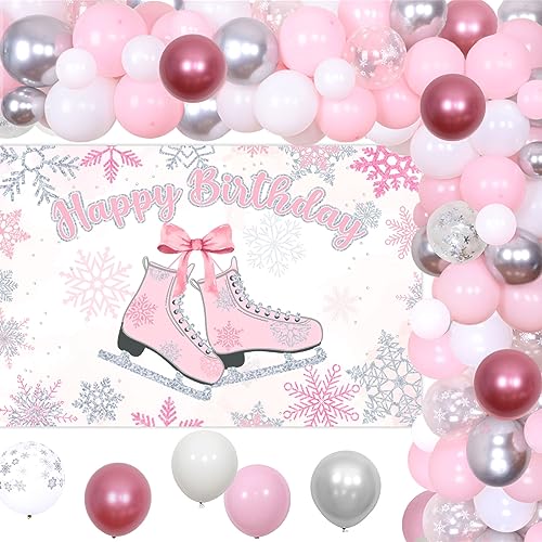 Balterever Eislaufen-Geburtstagsparty-Dekorationen für Kinder, rosa Eislaufen-Themen-Geburtstagsdekorationen mit Eislaufen-Happy-Birthday-Hintergrund für Geburtstag Eislaufen-Geburtstagsparty-Zubehör von Balterever