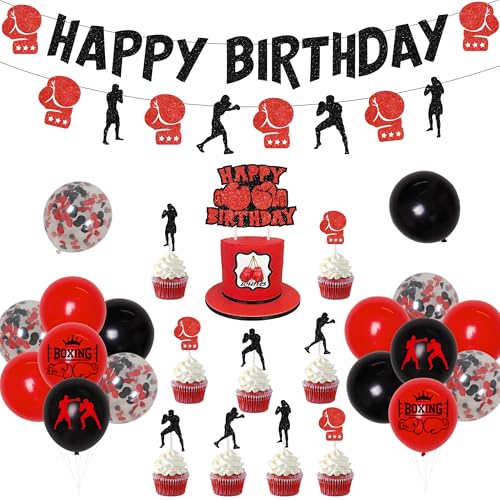 Boxspiel Geburtstag Party Dekorationen Kampf Sport Thema Geburtstag Wrestling Party Supplies für Jungen Männer Gym Boxen Geburtstag Banner Cake Topper Gold Cup Folienballons von Balterever