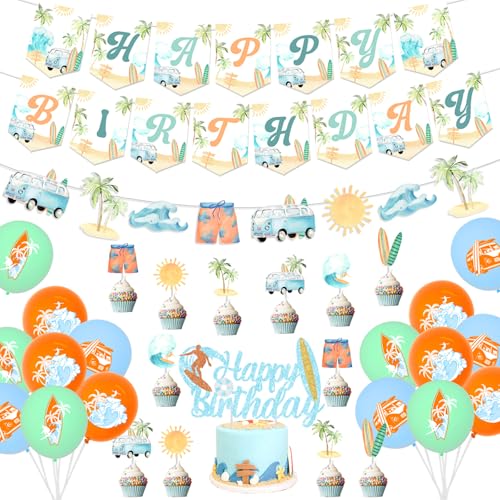 Sommer Surfen Geburtstag Party Dekorationen Vintage Surfen Happy Birthday Banner Retro Surfen Kuchen Cupcake Toppers für Sommer Hawaiian Strand Geburtstag Dekoration Schwimmbad Hawaii Party Supplies von Balterever