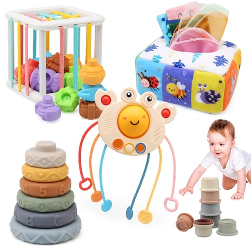 Bambebe 5 in 1 Montessori Spielzeug Baby ab 3 6 9 12 Monate, Baby Spielzeug 6 12 Monate, Stapelturm/Stapelring/Sensorische Schnur Ziehen Spielzeug/Motorikwürfel/Tücherbox Baby Spielzeug 1 2 3 Jahre von Bambebe