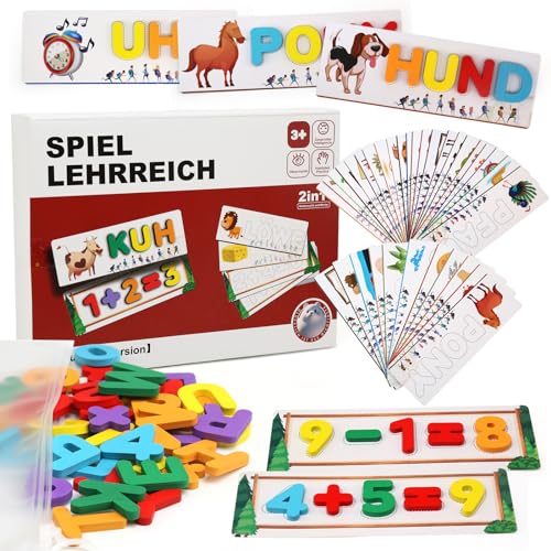 Bambebe Lernkarten Montessori Spielzeug Lesen Lernen, Steckpuzzle Montessori Holz Kinderspielzeug ab 3-6 Jahre, Buchstaben Lernen Spielzeug ab 3-8 Jahre, Einschulung Geschenk für Mädchen und Junge von Bambebe