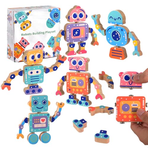 Bambebe Roboter Snap Together Bauspielzeug, Bauklötze Holz Montessori Spielzeug ab 3 Jahre, Montessori Bildung Feinmotor Skills Spielzeug für Kinder 3 4 5 Jahre alt, Holzspielzeug fur Junge Mädchen von Bambebe