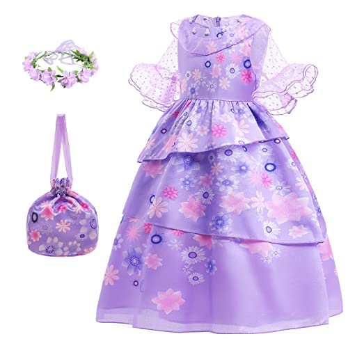 BanKids Encanto Kleid Isabella Kostüm für Mädchen Madrigal Cosplay Outfits Geburtstag Halloween Dress Up Mit Tasche Kranz 3-4 Jahre(Q23,100CM) von BanKids