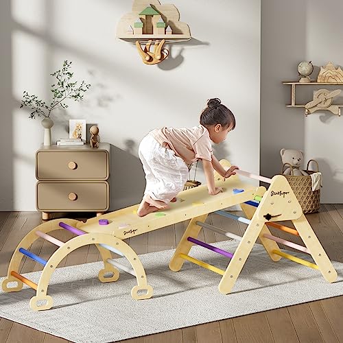 BanaSuper 3 in 1 Kinder Regenbogen Dreieck Kletterer Set Faltbares Kletterdreieck aus Holz mit Rampe Waldorfrocker Wippe Rocker Kletterbogen Montessori Spielzeug für Kleinkinder von BanaSuper