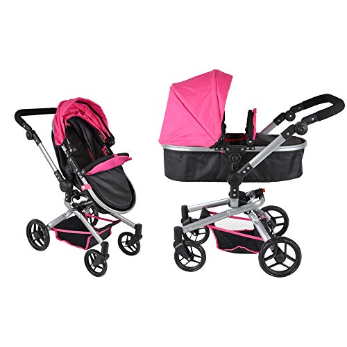 Bandits & Angels Puppenwagen Black Angel 2-in-1 ab 3 Jahren – Puppenwagen – Für Mädchen – Verstellbare Schiebestange 48-81 cm – Vollständig zusammenklappbar – Mit Einkaufskorb von Bandits & Angels