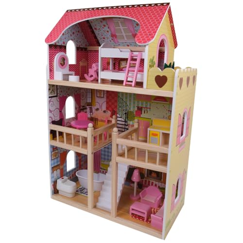 Bandits & Angels Hölzernes Puppenhaus Rosa House of Angels ab 3 Jahren 90 cm hoch – Inklusive 16 Möbelstücken – Mit Sound – Puppenhaus – Puppenspielzeug von Bandits & Angels