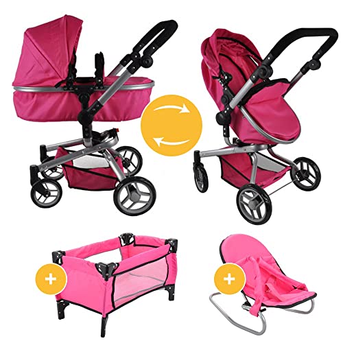 Bandits and Angels 4in1 Megapack mit Puppenwagen, Buggy, Puppenbett und Wippe (Pink Angel) von Bandits & Angels