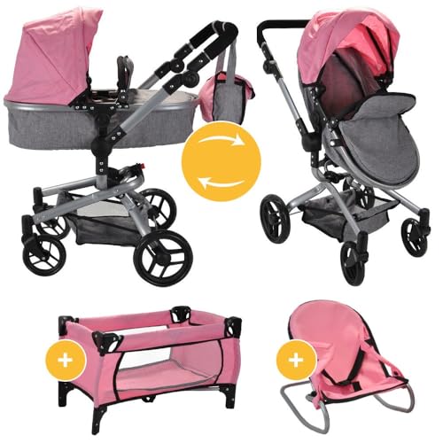 Bandits and Angels 4in1 Megapack mit Puppenwagen, Buggy, Puppenbett und Wippe (Softpink Angel) von Bandits & Angels