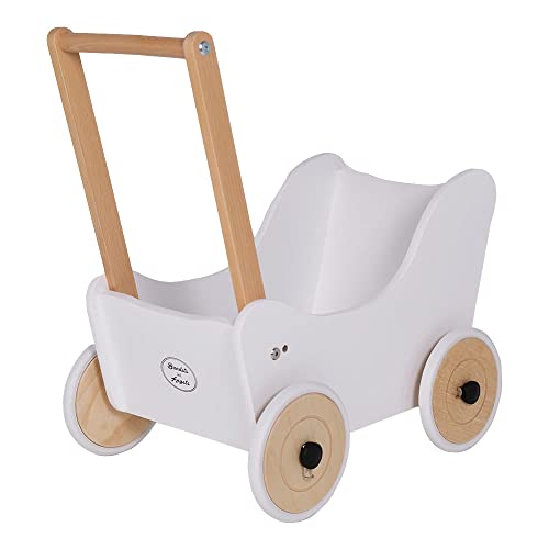 Bandits & Angels Puppenwagen Little Angel Classic White ab 1 Jahr für Mädchen – Puppenwagen aus Holz – Für Puppen bis 42 cm – Gummiräder von Bandits & Angels