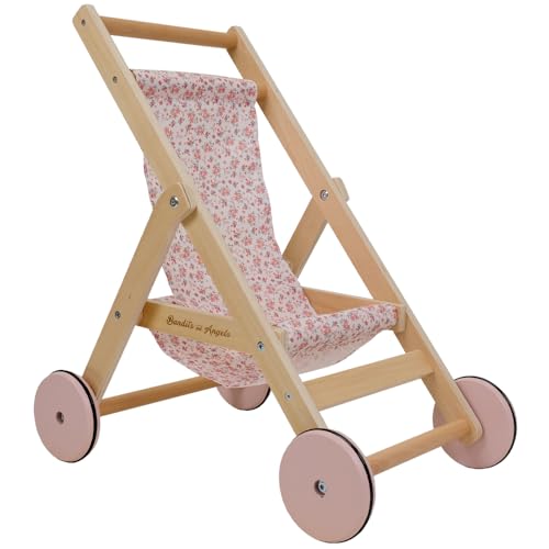 Bandits & Angels Puppenbuggy Lovely Flowers aus Holz – ab 2 Jahren – Puppenwagen aus Holz – für Puppen bis 50 cm – Puppenwagen Rosa mit Blumen – Puppenbuggy von Bandits & Angels