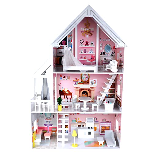 Bandits & Angels Holzpuppenhaus Prinzessin Pink ab 3 Jahren 126 cm hoch – inklusive 15 Möbeln – passend für Barbie – Puppenhaus – Puppenmöbel von Bandits & Angels