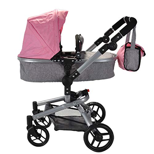 Bandits & Angels Puppenwagen Pink Modern Angel 2in1 Hellrosa ab 3 Jahren – Puppenwagen – Für Mädchen – Verstellbare Schiebestange 48-81 cm – Komplett zusammenklappbar – Mit Einkaufskorb von Bandits & Angels